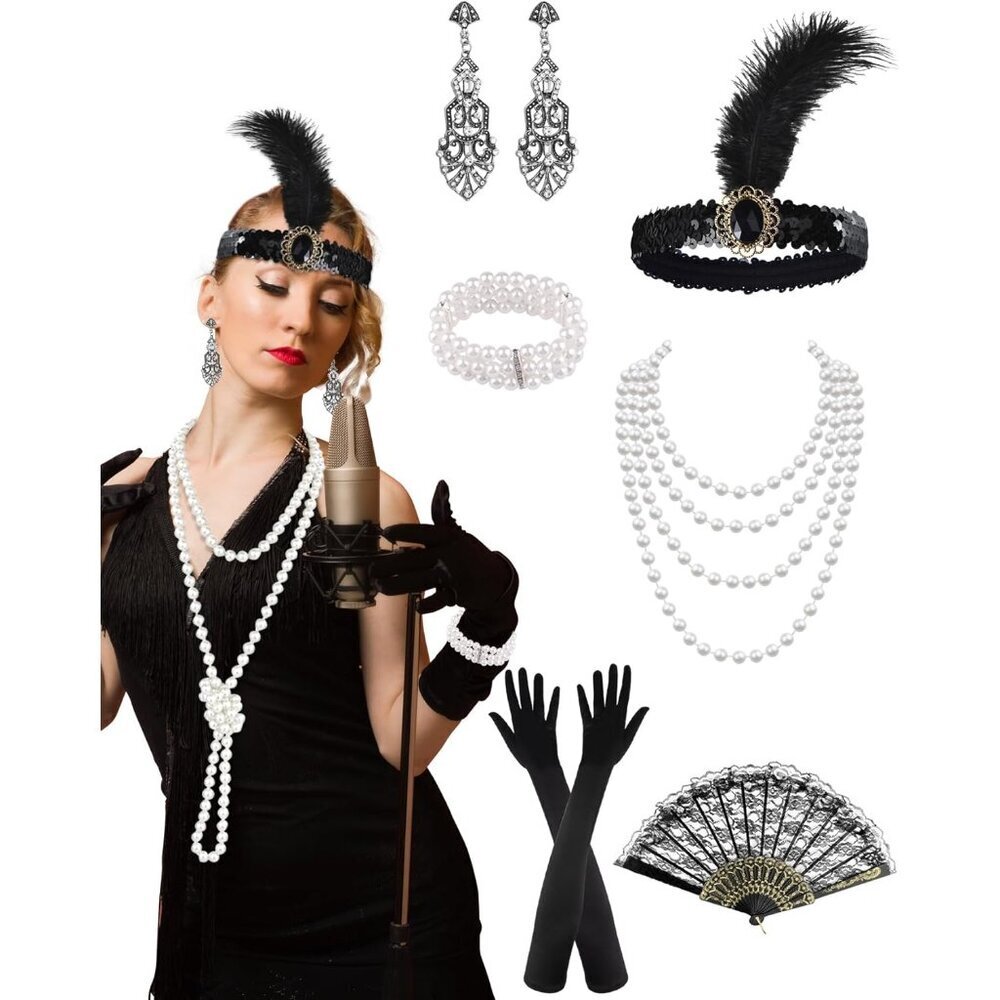 1920s Flapper Accessories Set Feather Headband Long Gloves Earrings Necklace